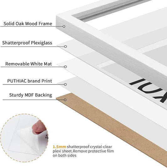 puthiac 10x14 Solid Oak Wood Picture Frame, Fits 8x10 with Mat or 10x14 Without Mat, Wall Display Only, Vertical or Horizontal, Plexi Front, 3 Pack, White