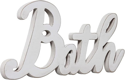 Rustic Bath Signs for Bathroom 14 inches, Hanging Distressed White Bathroom Sign Decor for Shelf, Wooden Wall Signs for Home Decor, Decorative House Sign