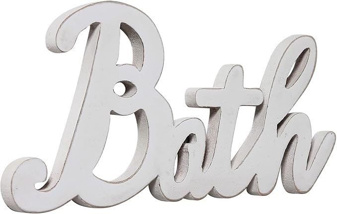 Rustic Bath Signs for Bathroom 14 inches, Hanging Distressed White Bathroom Sign Decor for Shelf, Wooden Wall Signs for Home Decor, Decorative House Sign
