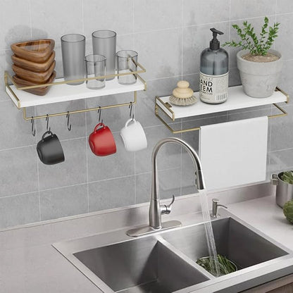 Wall Decor Floating Shelves, Home Decor with Towel Bar/Hooks, Wall Shelves for Bathroom/Living Room/Kitchen/Bedroom, (Gold-White) Floating Bathroom Shelves