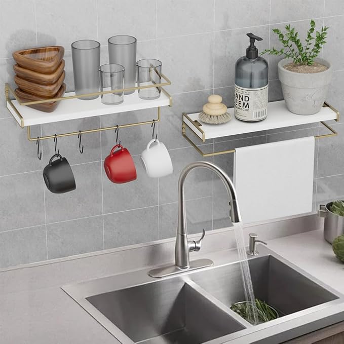 Wall Decor Floating Shelves, Home Decor with Towel Bar/Hooks, Wall Shelves for Bathroom/Living Room/Kitchen/Bedroom, (Gold-White) Floating Bathroom Shelves