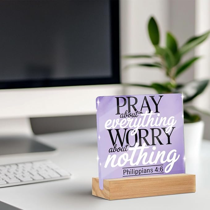 Purple Desk Decor For Bedroom Lavender Room & Office Desk Decor Pray About Everything Worry About Nothing Sign Prayer Room Sign Gifts for Women Acrylic Plaques With Wooden Stand Tabletop Decorations