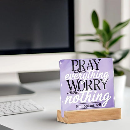 Purple Desk Decor For Bedroom Lavender Room & Office Desk Decor Pray About Everything Worry About Nothing Sign Prayer Room Sign Gifts for Women Acrylic Plaques With Wooden Stand Tabletop Decorations