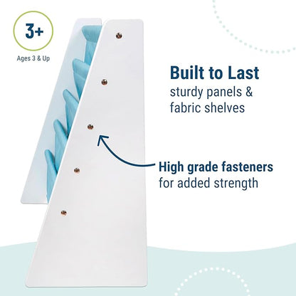 Wildkin Wooden Sling Bookshelf for Kids – Premium Canvas Design with 4 Fabric Shelves, Organizer for Home or Classroom - White w/Aqua