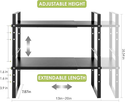 Expandable Cabinet Shelf Organizer Rack, Stackable Kitchen Counter Storage Shelves Stand, Adjustable Height Pantry Shelf Spice Rack (Black, 2 Pack)