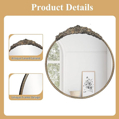 Growsun Round Wall Mirror with Vintage Black Floral Frame – 28 Inch Decorative Wall Mirror for Living Room, Bedroom, Entryway, Bathroom Vanity – Elegant Antique Accent Home Décor