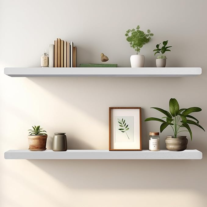 Floating Shelves 36 Inches Long, Set of 2 Solid Rustic Wood Wall Mounted Shelves, Wall Picture Ledge Shelf with Invisible Metal Brackets for Living Room, Bedroom, Bathroom, White