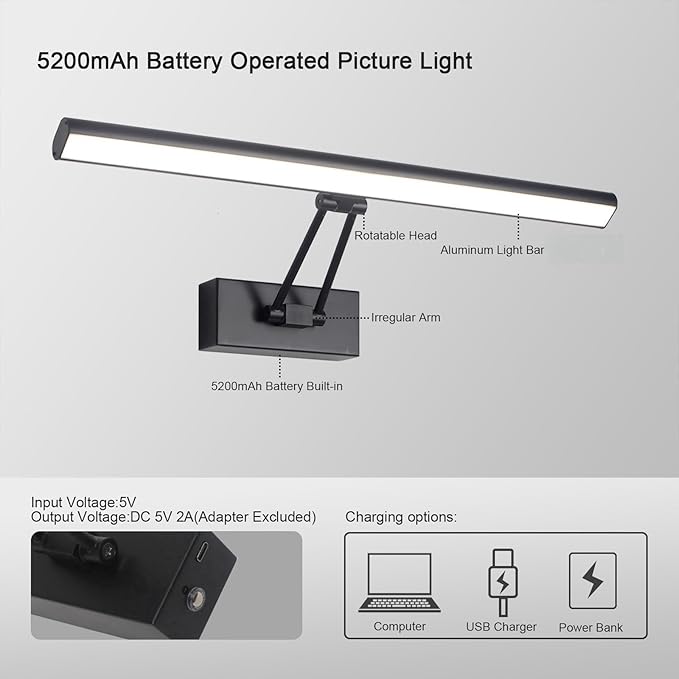 Picture Light, 16 inches Art Light, Picture Light Battery Operated,3CCT Picture Lights for Wall,Battery Operated Wall Lights,Gallery Light for Wall,Photo,Library (Matt Black)