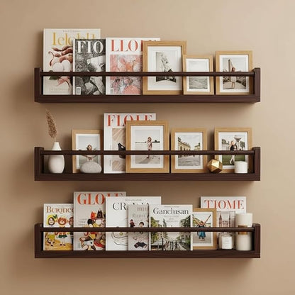 Set of 3 Kids Floating Bookshelves Deep Walnut – 24 Inch Wall Mounted Nursery Book Shelves with Safety Rail – Ideal Storage & Display Shelf for Nursery, Bedroom, and Playroom