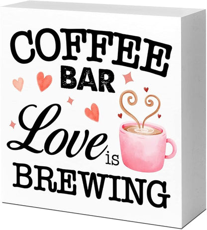 LVQHI Funny Kitchen Wood Block Signs,Coffee Bar Love is Brewing Wooden Box Sign for Home Shelf Bedroom Tabletop Desk Decor,Rustic Kitchen Office Cafe Sign Decor