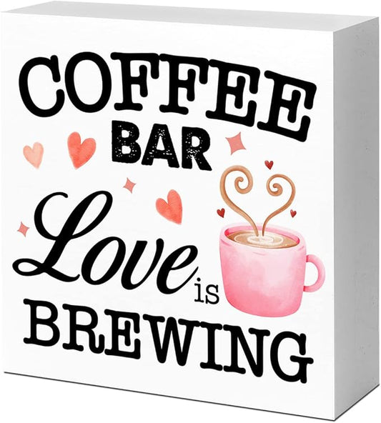LVQHI Funny Kitchen Wood Block Signs,Coffee Bar Love is Brewing Wooden Box Sign for Home Shelf Bedroom Tabletop Desk Decor,Rustic Kitchen Office Cafe Sign Decor