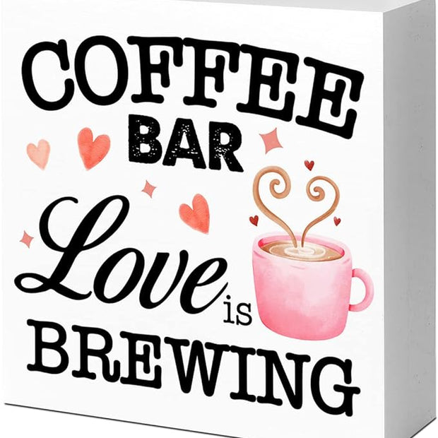 LVQHI Funny Kitchen Wood Block Signs,Coffee Bar Love is Brewing Wooden Box Sign for Home Shelf Bedroom Tabletop Desk Decor,Rustic Kitchen Office Cafe Sign Decor