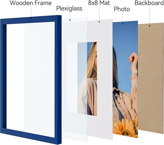 Vittanly 12x12 Picture Frames Set of 4, Display Pictures 8x8 with Mat or 12x12 without Mat, Gallery Frame for Wall Display, Engineered Wood with Shatter Resistant Plexiglass, Royal Blue