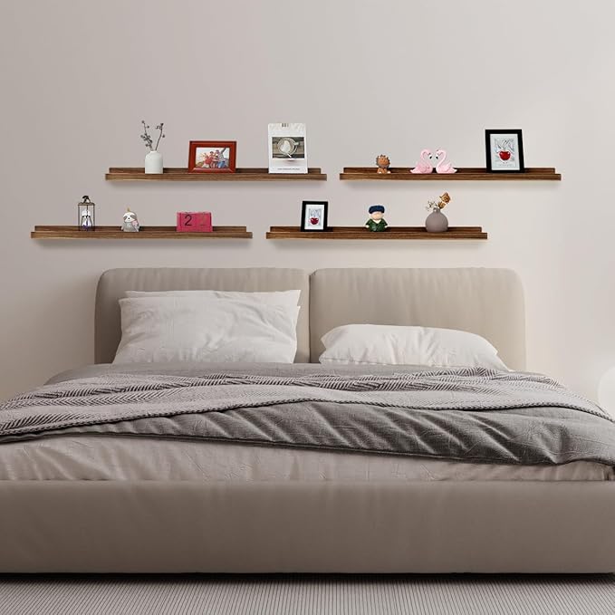 PHOENANCEE Long Floating Shelves 36 Inches Set of 4,Wood Picture Shelf for Wall with Ledge,Photo Frames Display Rustic for Living Room Bedroom Kids Nursery,Home Decor(Carbonized Black,36
