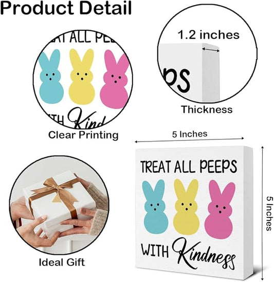 Easter Decor - Easter Decorations - Treat with Kindness Wooden Sign Home Office Living Room Bedroom Desk Table Shelf Decor - 5 x 5 Inches