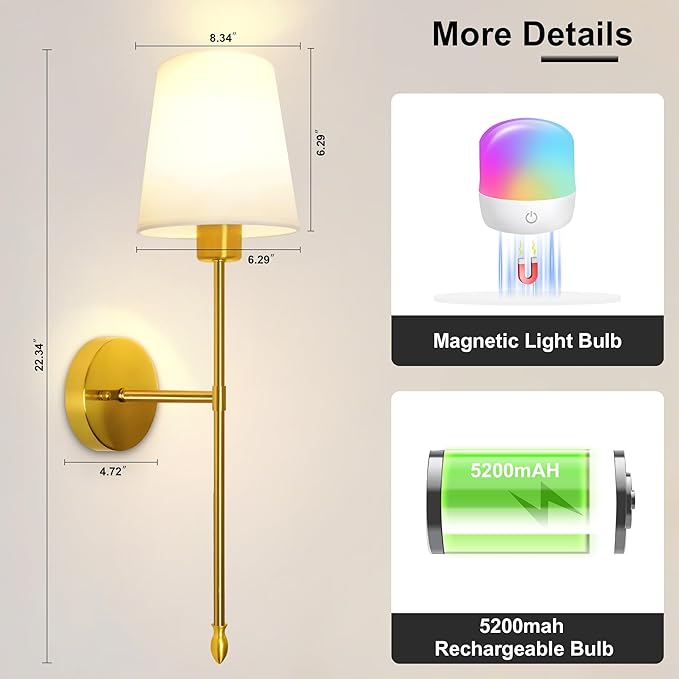 Battery Operated Wall Sconce Set of 2, Wireless Wall Sconce with Rechargeable Bulbs and Remote, 15 Colors & Dimmable, Gold Sconces Wall Decor for Bedroom Living Room Hallway