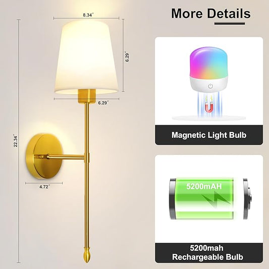 Battery Operated Wall Sconce Set of 2, Wireless Wall Sconce with Rechargeable Bulbs and Remote, 15 Colors & Dimmable, Gold Sconces Wall Decor for Bedroom Living Room Hallway