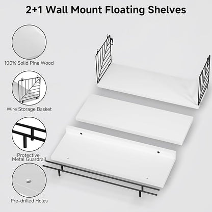 Floating Shelves for Wall, Floating Shelf for Bathroom Set of 3, Floating Shelf for Wall with Toilet Paper Holder for Bathroom, Bedroom, Living Room, Kitchen, Office (White)