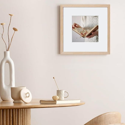 puthiac 8x8 Solid Oak Wood Picture Frame, Fits 4x4 with Mat or 8x8 Without Mat, Wall or Tabletop Display with Stand, Plexi Front, 3 Pack, Natural Oak