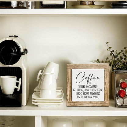 Farmhouse Coffee Wood Decor, Coffee Spelled Backwards Sign, Rustic Farmhouse Cafe Bar Decoration Accessories, Cafe Decor for Table, Funny Office Desk Decoration 5.9X5.9 Inches
