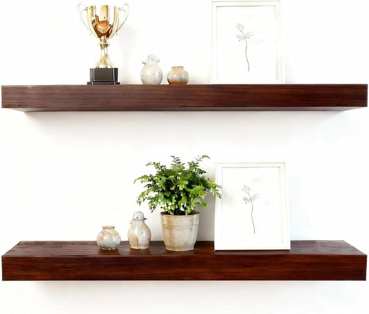 Solid Wood Floating Shelves,35.4in Finished Real Wood Wall Shelves with Heavy-Duty Hidden Bracket, Easy Installation, Set of 2, 35.4in x 7.1in x 1.5in, for Living Room Bedroom Kitchen,Walnut