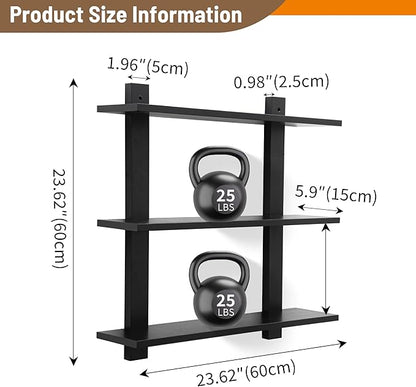 3 Tier Floating Shelves,Long Wall Shelf,Over The Toilet Shelves Bathroom Hanging Display Storage Rustic for Living Room Bedroom Kitchen Office Coffee Bar Decor Decorative,24 Inch,2 Pack,(Black)