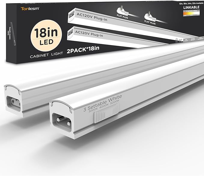 Under Cabinet Lighting Plug in 18in 2Pack AC120V 3CCT 3000/4000/5000K, Super Bright,Linkable Under Counter Lights for Kitchen, Ultra Slim LED Cabinet Light,ETL White