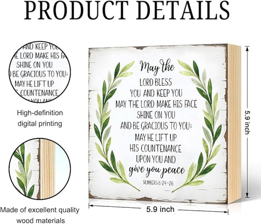 May The Lord Bless You Wood Block Plaque Box Sign for Home Living Room Coffee House Bar Shelf Table Office Decoration, Numbers 6:24-26 Bible Verse Decor Gifts for Women Mom Family Friends
