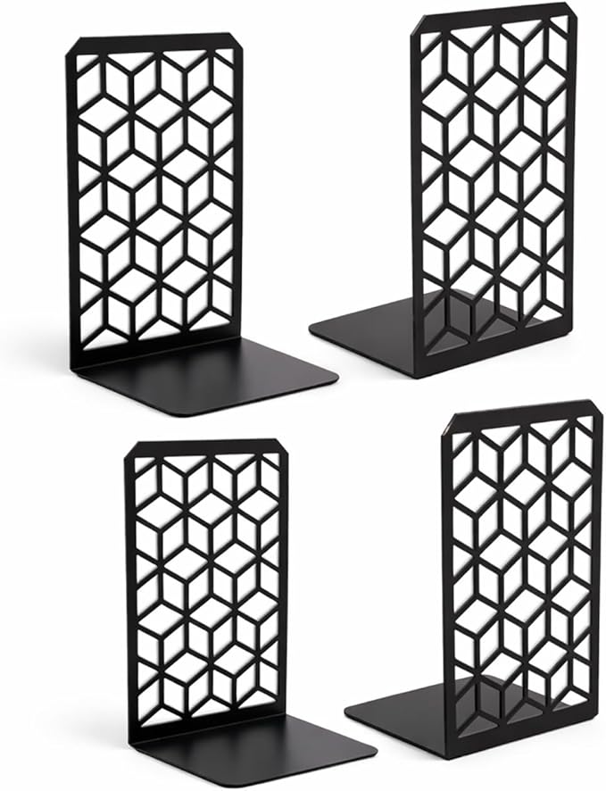 Geomod 3D Cube Black Metal Bookends Decorative for Heavy Books - Sturdy Boho Book Stops - Minimal Book Shelf Stopper - Durable Office Bookends - Weighted Metal Book Holders - 7x4.75 Inches - 2 Pair