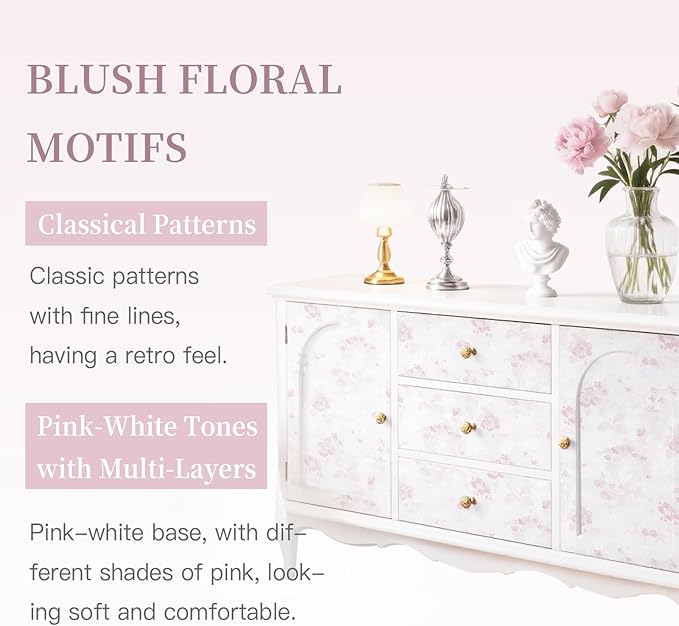 Dimoon 197"x17.3" Pink Wallpaper Floral Contact Paper Peel and Stick Wallpaper White Vintage French Country Renter Friendly Bathroom Boho Flower Removable Wall Paper Kitchen Self Adhesive Vinyl Roll