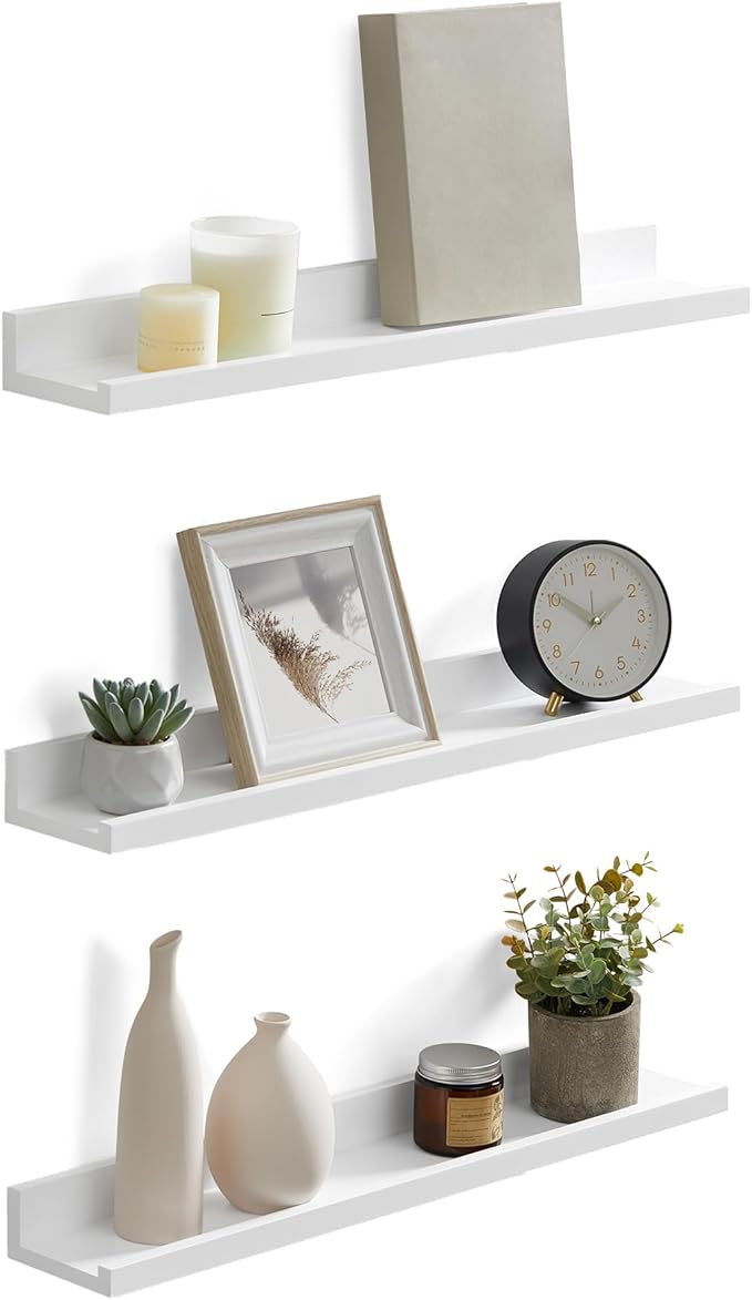 SONGMICS Floating Shelves, Set of 3 Wall Shelves, 23.6-Inch Wide, for Photo Frames and Trinkets, for Living Room, Home Office, Kitchen, Bathroom, White ULWS061W01