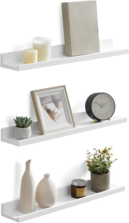 SONGMICS Floating Shelves, Set of 3 Wall Shelves, 23.6-Inch Wide, for Photo Frames and Trinkets, for Living Room, Home Office, Kitchen, Bathroom, White ULWS061W01