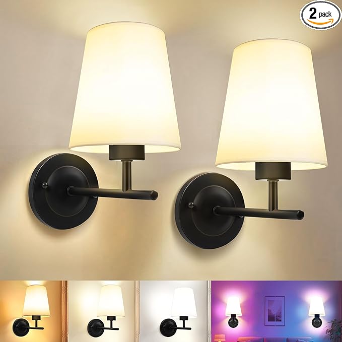 Battery Operated Wall Sconce Set of Two, Black Cordless Rechargeable Wall Lights with Remote and Timer, 12 RGB Colors Dimmable Wall Lamps for Bedroom Living Room Hallway
