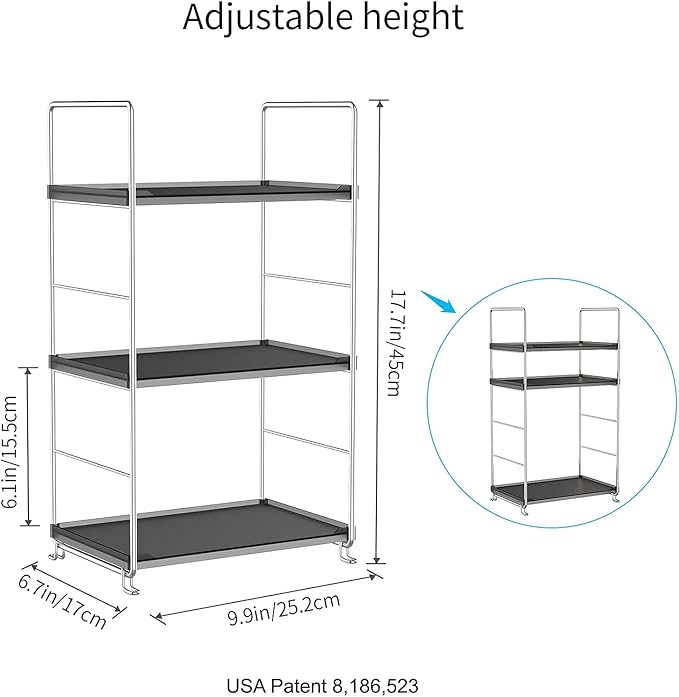 3-Tier Bathroom Countertop Organizer -Makeup Organizer -Corner Storage Shelf- Kitchen Spice Rack Standing Shelf-Great for Vanity, Bathroom, Bedroom, Kitchen (Silver&Black)
