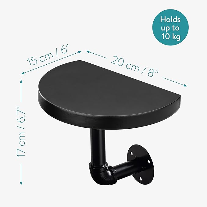 Navaris Industrial Pipe Shelf Set - 3 Small Rounded Wood Shelves with Shelf Brackets - 7.9" x 5.9" Wall-Mounted Wooden Shelving - Size S, Black