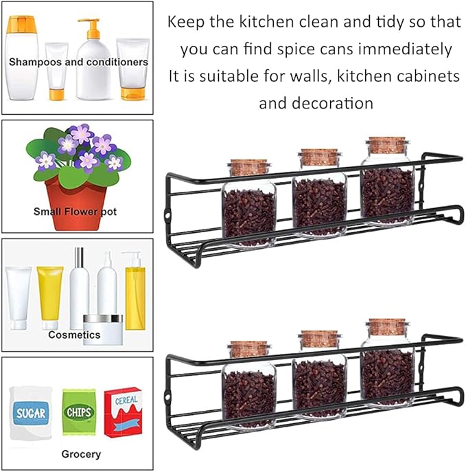 4 Pack Spice Rack Organiser Hanging Spice Shelves Carbon Steel Wall Mount Spice Rack Kitchen Storage Racks Storage Spices and Condiments Spice Jars for Kitchen Cabinet Cupboard Pantry Door