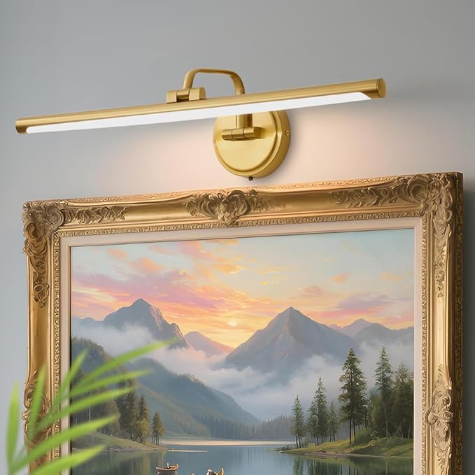Hardwired Picture Light for Wall, 24 Inch Modern Brass Dimmable Frame Light with Adjustable Swing Arm, 3CCT LED Art Display Light for Paintings,120 Volts Gallery Wall Light, Hallway Vanity Light, 8W