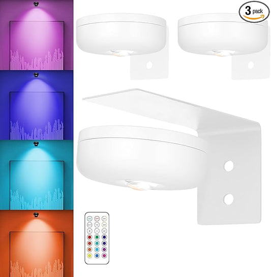 Battery Operated Painting Light, Magnetic Picture Light with Remote Dimmable and Timer, 13 Color RGB Wall Decor Puck Lights,Art Display Light for Picture Frame Paintings 3 White