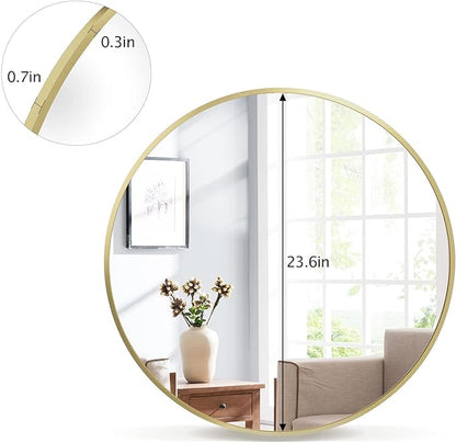 VooBang Round Mirror 23.6" Gold Wall Mounted Circle Mirrors Vanity Mirror with Aluminum Alloy Frame Modern Decoration for Bathroom, Living Room, Vanity, Bedroom, Entryway