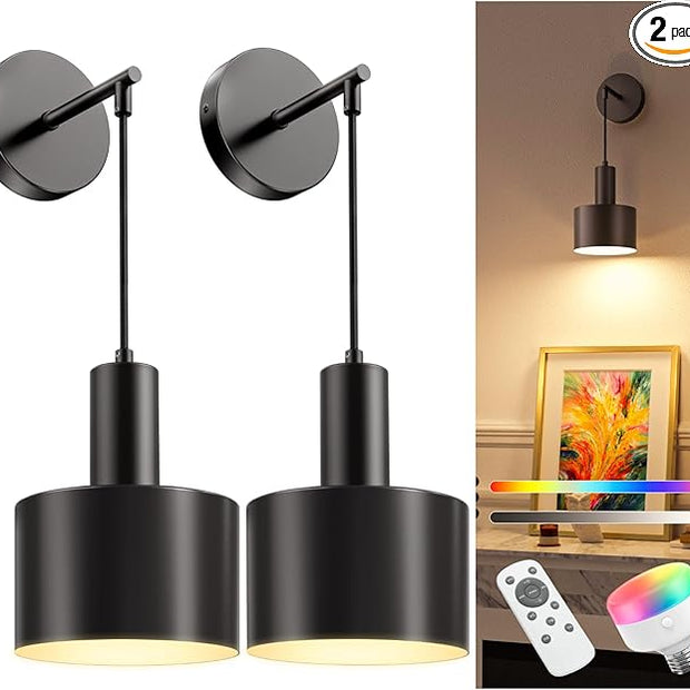 NIORSUN Battery Operated Wall Sconce Set of 2, Black Wireless Rechargeable Wall Lights with 5200mAh Dimmable Detachable Bulbs and Remote, 9 Colors Sconces Wall Decor for Bedroom Living Room Hallway