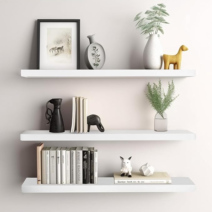 Floating Shelves 16 Inches, Set of 3 Solid Rustic Wood Wall Mounted Shelves (Round Edge), Wall Picture Ledge Shelf with Invisible Metal Brackets for Living Room, Bedroom, Bathroom, White