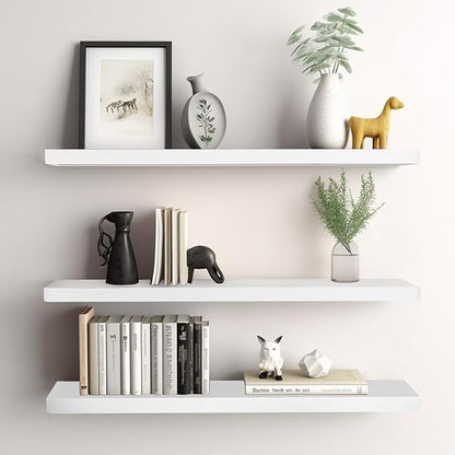Floating Shelves 16 Inches, Set of 3 Solid Rustic Wood Wall Mounted Shelves (Round Edge), Wall Picture Ledge Shelf with Invisible Metal Brackets for Living Room, Bedroom, Bathroom, White