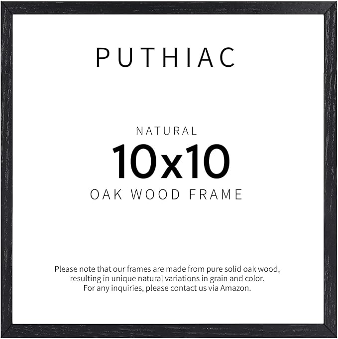 puthiac 10x10 Solid Oak Wood Picture Frame, Fits 6x6 with Mat or 10x10 Without Mat, Wall Display Only, Plexi Front, 1 Pack, Black