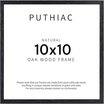 puthiac 10x10 Solid Oak Wood Picture Frame, Fits 6x6 with Mat or 10x10 Without Mat, Wall Display Only, Plexi Front, 1 Pack, Black