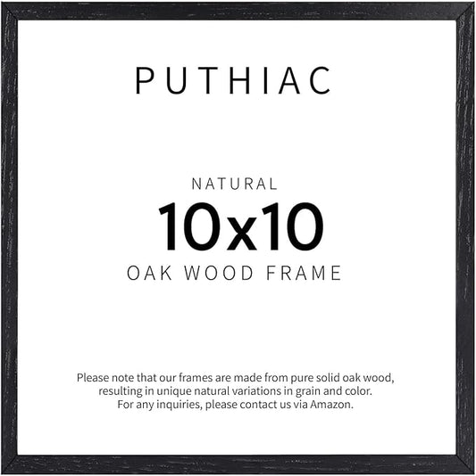 puthiac 10x10 Solid Oak Wood Picture Frame, Fits 6x6 with Mat or 10x10 Without Mat, Wall Display Only, Plexi Front, 1 Pack, Black