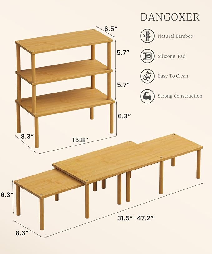 Cabinet Organizer Shelf(Set of 3),Bamboo Kitchen Counter Shelves for Countertop and Cabinet,Stackable Shelf Spice Racks,Large (Natural)