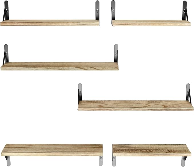 AMADA HOMEFURNISHING Long Wall Shelves, Rustic Farmhouse Style, Wood Floating Shelves for Wall Decor, Bathroom & Bedroom Storage, Living Room Book Shelves, 6pcs