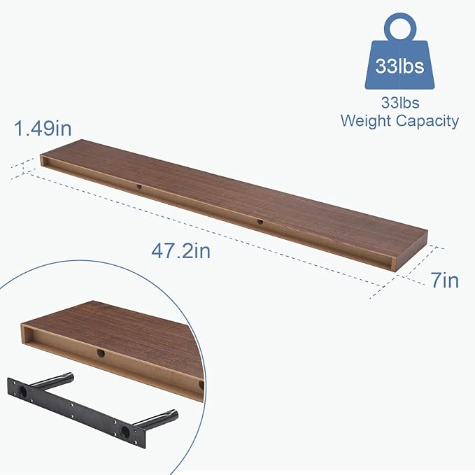 Floating Shelves for Wall, Bathroom Shelves Over Toilet, Wall Shelves & Book Shelf for Room, Hanging Shelf, Modern Wooden Mounted Floating Shelves, 48x7x1.5 in (Walnut-Like, Set of 1)