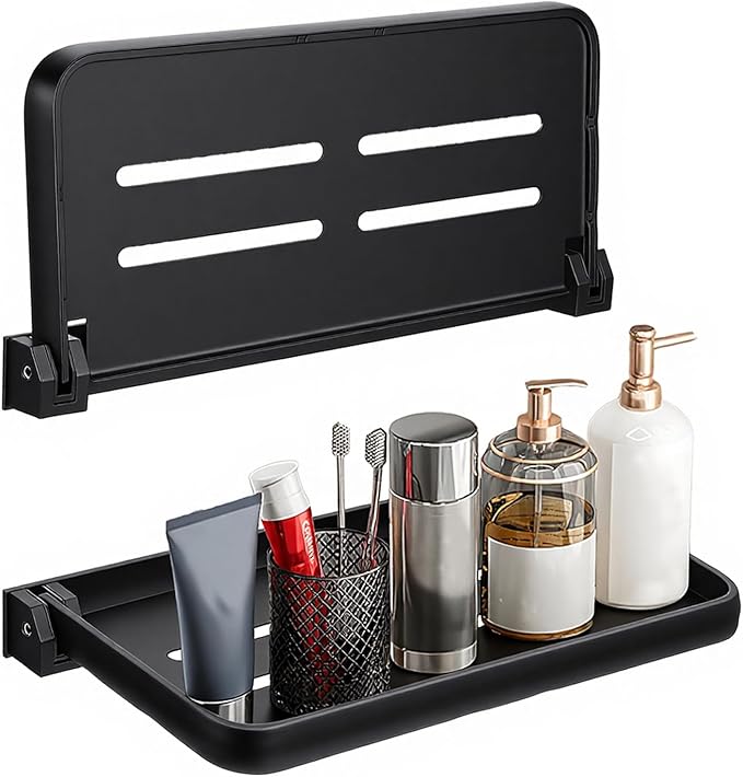 2Pcs Bathroom Shelves No Drill Wall Mounted Foldable Shlf Small Floating Metal Adhesive Shelves for Laundry Toilet Room Shower Wall Organizer (Black)