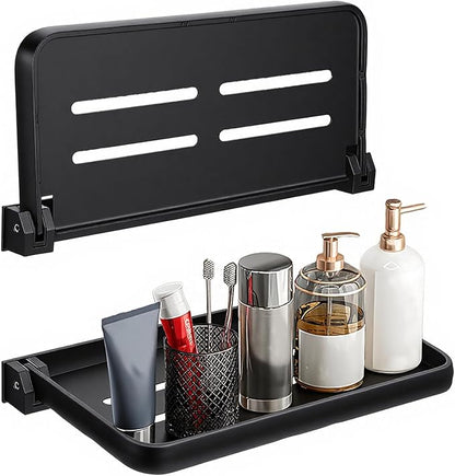 2Pcs Bathroom Shelves No Drill Wall Mounted Foldable Shlf Small Floating Metal Adhesive Shelves for Laundry Toilet Room Shower Wall Organizer (Black)